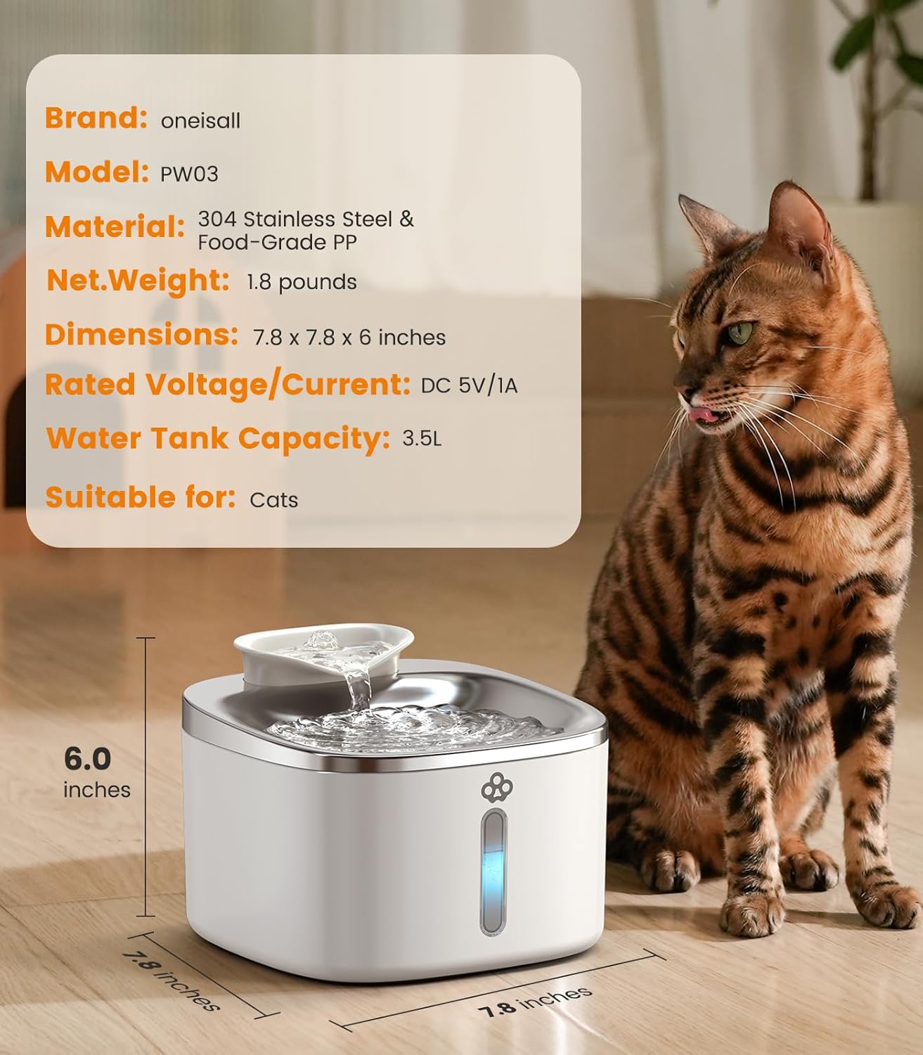 Oneisall 3.5L Corded White Pet Water Fountain with 3PCS Filters - Image 8